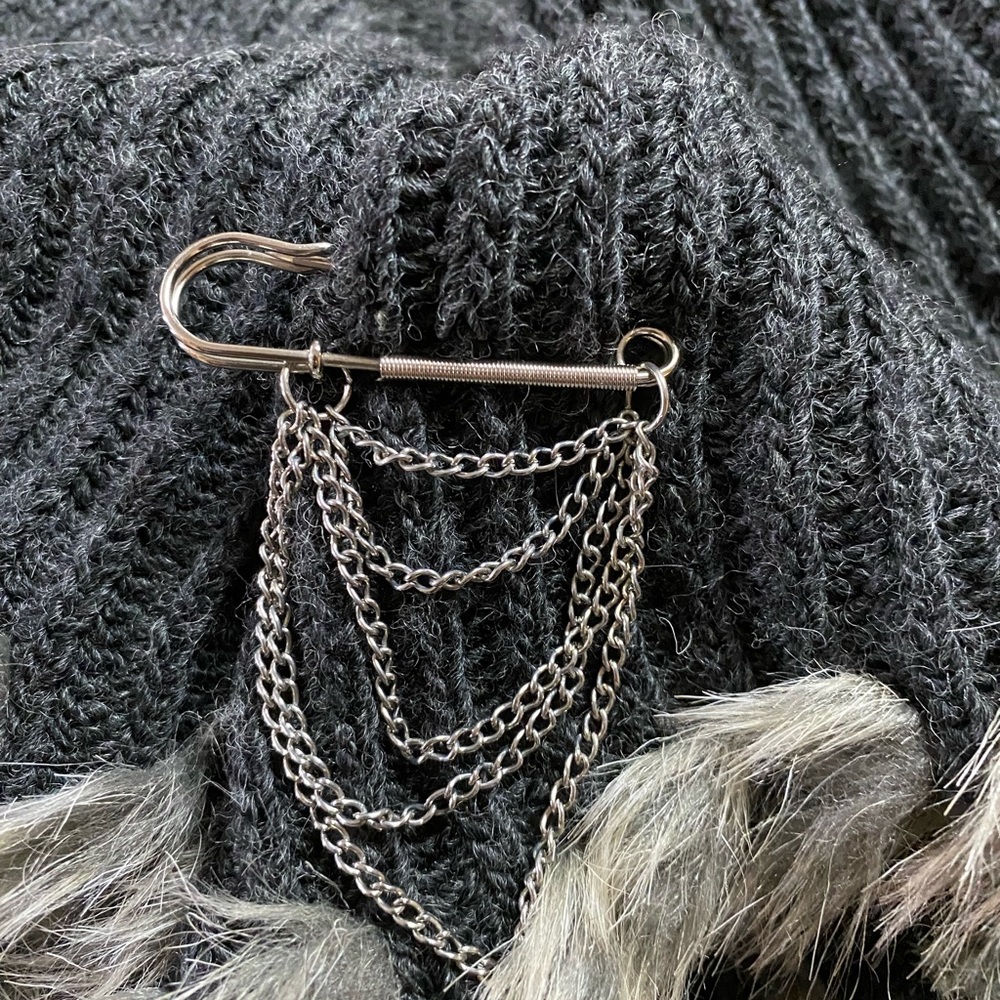 CACHE Cardigan Gray Sweater Wool & Acrylic Long back, Open front Fake Fur XL - Picture 6 of 10